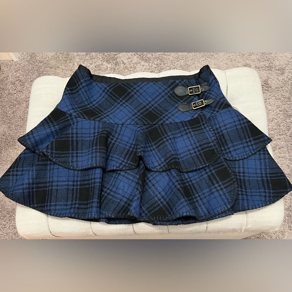 Ralph Lauren RUGBY Holiday Blue and Black Plaid Ruffle Wool Mini Skirt 6 2000s